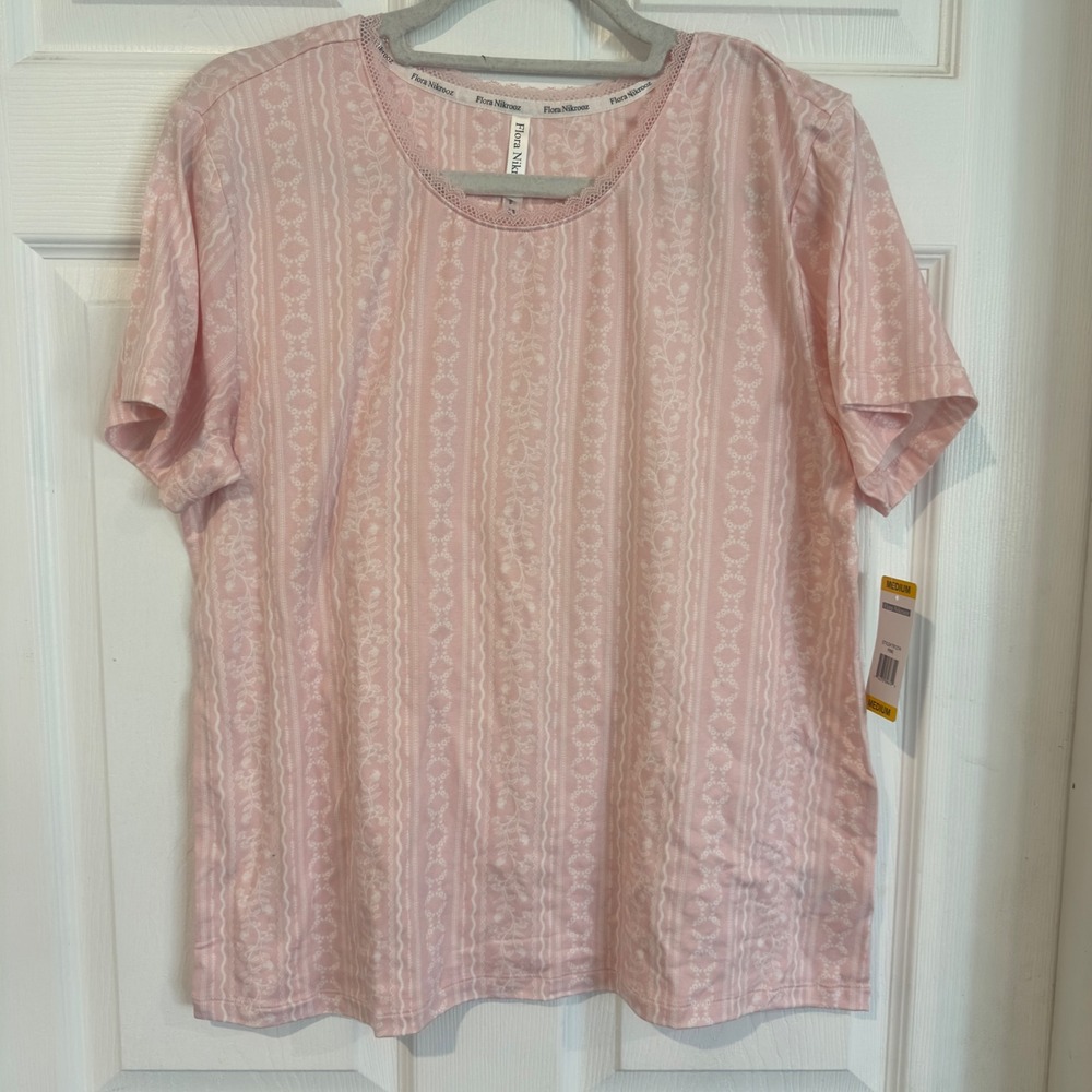 Flora Nikrooz Pink Floral Stripe Lace Trim Sleep Shirt T91274 Medium NWT